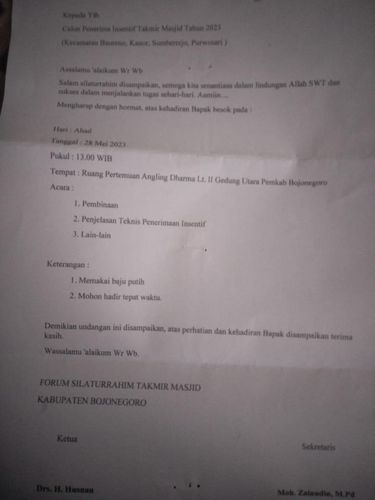 Undangan Sosialisasi Peneriman Insentif Ketua Takmir Masjid di Bojonegoro