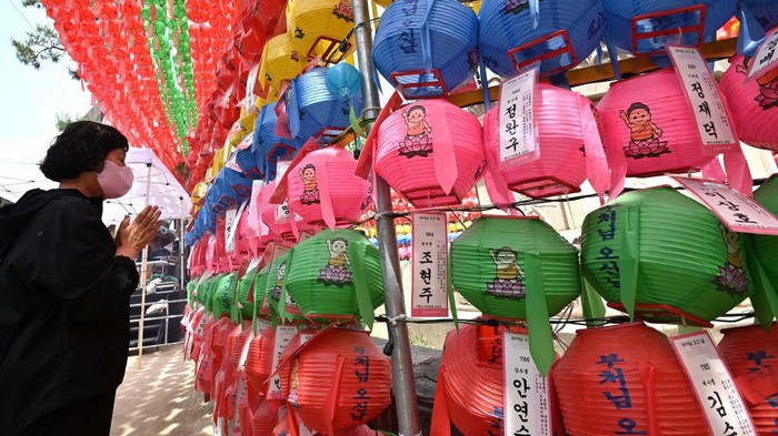 TOPSHOT - A worker attaches name cards with wishes of Buddhist followers to lotus lanterns at Jogyesa Temple in Seoul on May 26, 2023, ahead of celebrations marking Buddha's birthday on May 27. (Photo by Jung Yeon-je / AFP) (Photo by JUNG YEON-JE/AFP via Getty Images)