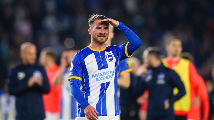 BRIGHTON, ENGLAND - MAY 24:  Alexis Mac Allister of Brighton & Hove Albion looks in the crowd after the Premier League match between Brighton & Hove Albion and Manchester City at American Express Community Stadium on May 24, 2023 in Brighton, England. (Photo by Craig Mercer/MB Media/Getty Images)