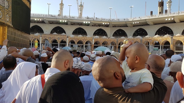 Mecca, Saudi Arabia, August 2019 - Muslim pilgrims from all over the world gathered to perform Umrah or Hajj at the Haram Mosque in Mecca, Saudi Arabia, days of Hajj or Omrah