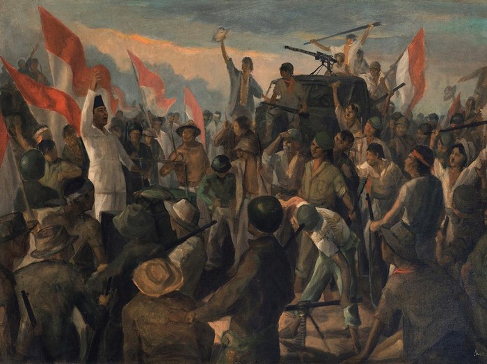 Lukisan Dullah Berjudul Bung Karno di Tengah Perang Revolusi (1966). Koleksi Museum MACAN.