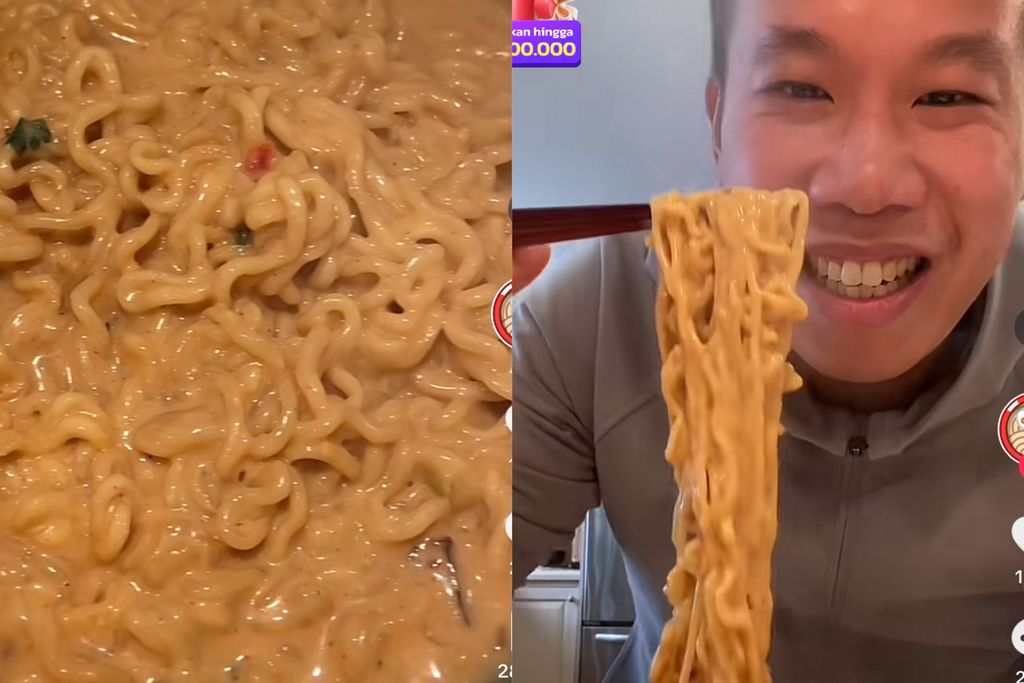 Kreasi mie instan 2 bahan dengan sup krim jamur.