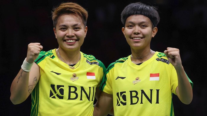 SUZHOU, CHINA - MAY 16:  Apriyani Rahayu (L) and Siti Fadia Silva Ramadhanti of Indonesia celebrates the victory in the Womens Doubles Round Robin match against Emma Moszczynski and Stine Susan Kuspert of Germany during day three of the Sudirman Cup at Suzhou Olympic Sports Center Gymnasium on May 16, 2023 in Suzhou, China.  (Photo by Lintao Zhang/Getty Images)