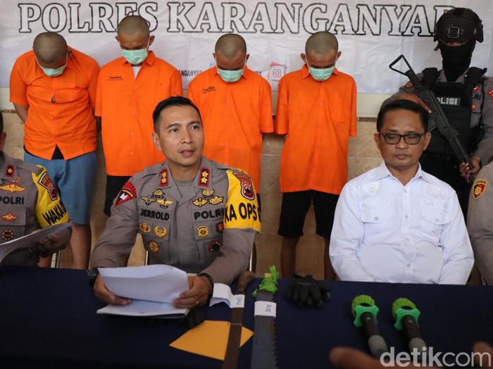 Konferensi pers kasus pengeroyokan di Mapolres Karanganyar, Jawa Tengah, Rabu (31/5/2023).