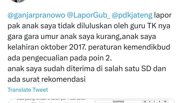 Laporan warga ke Gubernur Jateng Ganjar Pranowo di Twitter soal anak TK tidak diluluskan guru. Foto diunggah Rabu (31/5/2023).