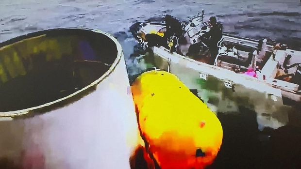 A handout picture shows what is believed to be a part of a space launch vehicle that North Korea said crashed into the sea off the west coast of the divided peninsula, South Korea, May 31, 2023.   The Defense Ministry/Handout via REUTERS   ATTENTION EDITORS - THIS IMAGE HAS BEEN SUPPLIED BY A THIRD PARTY.