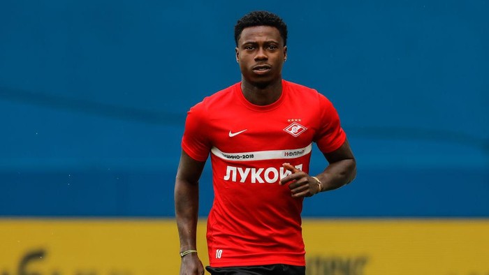 Quincy Promes of Spartak Moscow in action during training session on the eve of the OLIMPBET Russian Supercup match between Zenit St. Petersburg and Spartak Moscow on July 8, 2022 at Gazprom Arena in St. Petersburg, Russia. (Photo by Mike Kireev/NurPhoto via Getty Images)