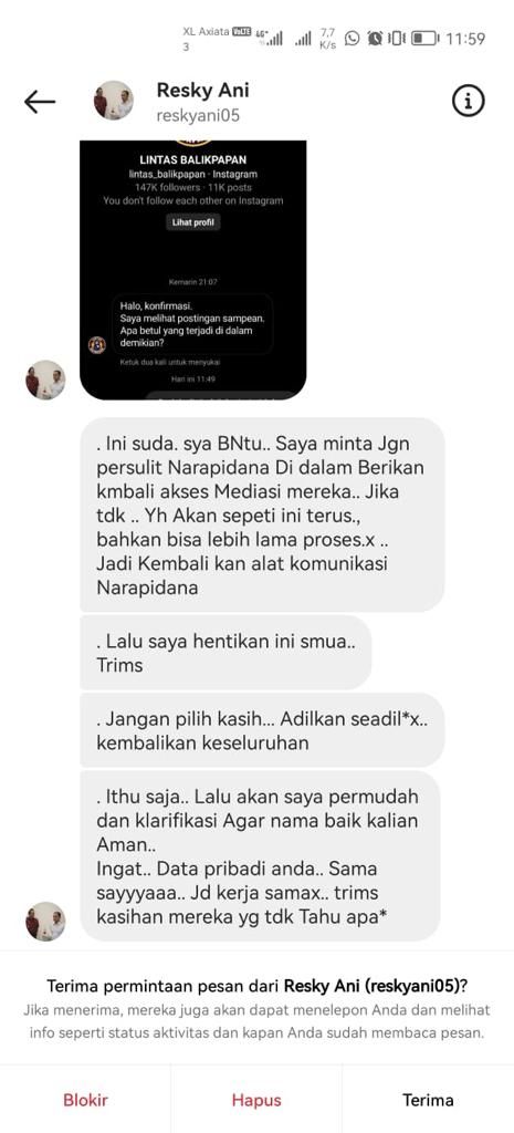 Tangkapan layar teror ke Rutan Balikpapan.