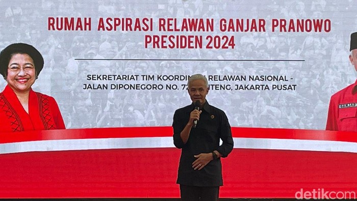 Bacapres PDIP Ganjar Pranowo di acara peresmian Sekretariat Pemenangan di Jalan Diponegoro, Jakarta Pusat, Kamis (1/6/2023). (Vivi Ng/detikcom)