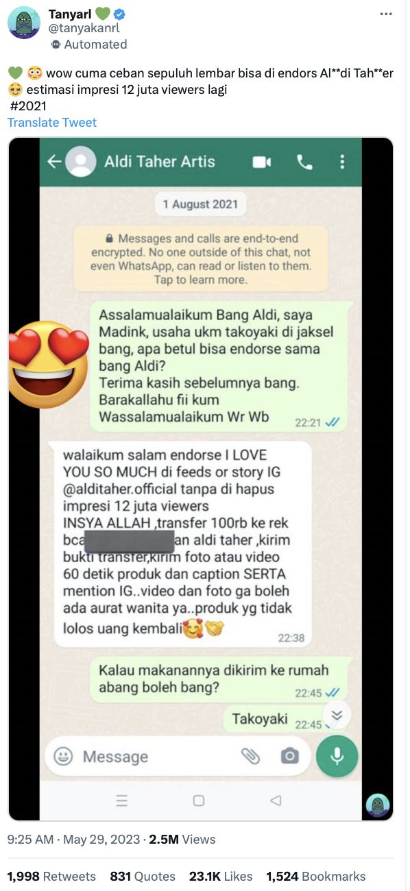Viral unggahan soal netizen yang menunjukkan pengalalamannya endorse makanan ke Aldi Taher.
