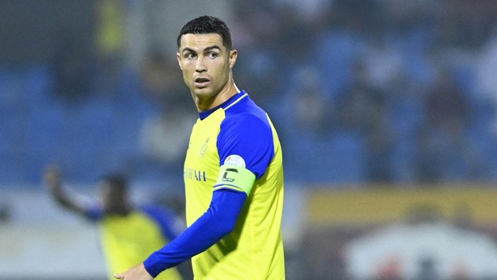 Nassrs Portuguese forward Cristiano Ronaldo looks on during the Saudi Pro League football match between Al-Nassr and Al-Ettifaq at the Prince Mohammed Bin Fahd Stadium in Dammam on May 27, 2023. (Photo by AFP) (Photo by -/AFP via Getty Images)