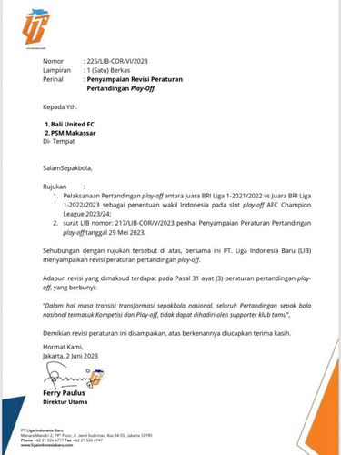 Surat edaran PT LIB soal laga Bali United Vs PSM Makassar di kualifikasi playoff Liga Champions Asia terkait suporter tim tamu dilarang hadir.