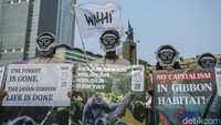 Mereka mengenakan topeng monyet dan membawa poster. 