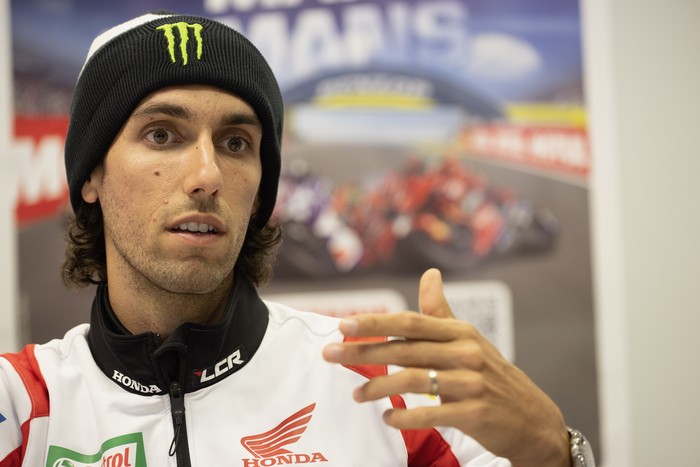LE MANS, FRANCE - MAY 11: Alex Rins of Spain and LCR Honda Castrol  speaks with journalists in media center during the media scrum during the MotoGP Of France - Previews on May 11, 2023 in Le Mans, France. (Photo by Mirco Lazzari gp/Getty Images)