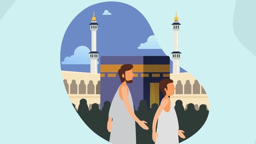 Ilustrasi mengucapkan bacaan talbiyah dalam haji.