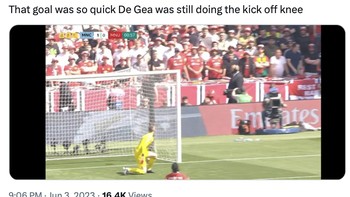 MU langsung kebobolan di menit pertama dan bikin kiper MU David de Gea tertegun. Foto: Twitter