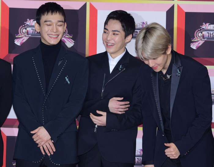 SEOUL, SOUTH KOREA - DECEMBER 29: Chen, Xiumin, Baekhyun of EXO attend the 2017 KBS Song Festival at KBS Hall on December 29, 2017 in Seoul, South Korea. (Photo by The Chosunilbo JNS/Imazins via Getty Images)