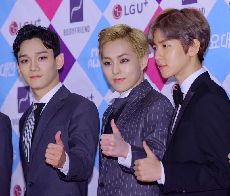 1305430423 SEOUL, SOUTH KOREA - DECEMBER 26: Chen, Xiumin, Baekhyun of EXO attend the 2016 SAF Gayo Daejeon at COEX on December 26, 2016 in Seoul, South Korea. (Photo by The Chosunilbo JNS/Imazins via Getty Images)