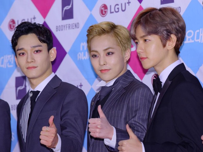 SEOUL, SOUTH KOREA - DECEMBER 26: Chen, Xiumin, Baekhyun of EXO attend the 2016 SAF Gayo Daejeon at COEX on December 26, 2016 in Seoul, South Korea. (Photo by The Chosunilbo JNS/Imazins via Getty Images)