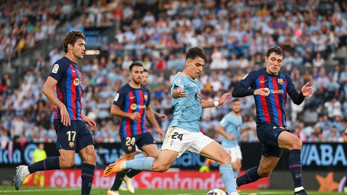 VIGO, SPAIN - JUNE 04: Gabri Veiga of RC Celta scores the teams first goal during the LaLiga Santander match between RC Celta and FC Barcelona at Estadio Balaidos on June 04, 2023 in Vigo, Spain. (Photo by Octavio Passos/Getty Images)