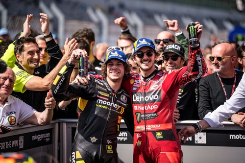 PORTIMAO, ALGARVE, PORTUGAL - MARCH 26: VR46 Academy riders Marco Bezzecchi of Italy and Mooney VR46 Racing Team and Francesco Bagnaia of Italy and Ducati Lenovo Team during the race of the MotoGP Grande Prémio TISSOT de Portugal  at Autodromo do Algarve on March 26, 2023 in Portimao, Algarve, Portugal. (Photo by Steve Wobser/Getty Images)