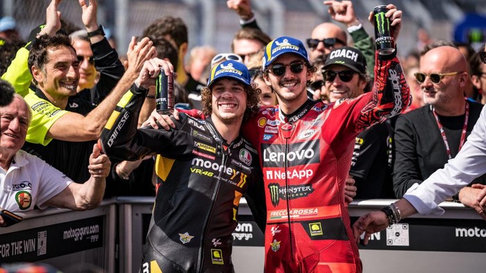 PORTIMAO, ALGARVE, PORTUGAL - MARCH 26: VR46 Academy riders Marco Bezzecchi of Italy and Mooney VR46 Racing Team and Francesco Bagnaia of Italy and Ducati Lenovo Team during the race of the MotoGP Grande Prémio TISSOT de Portugal  at Autodromo do Algarve on March 26, 2023 in Portimao, Algarve, Portugal. (Photo by Steve Wobser/Getty Images)