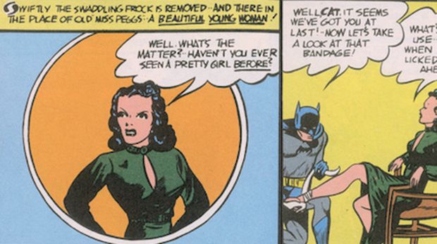 Penampilan perdana Catwoman di komik Batman #1 (1940).