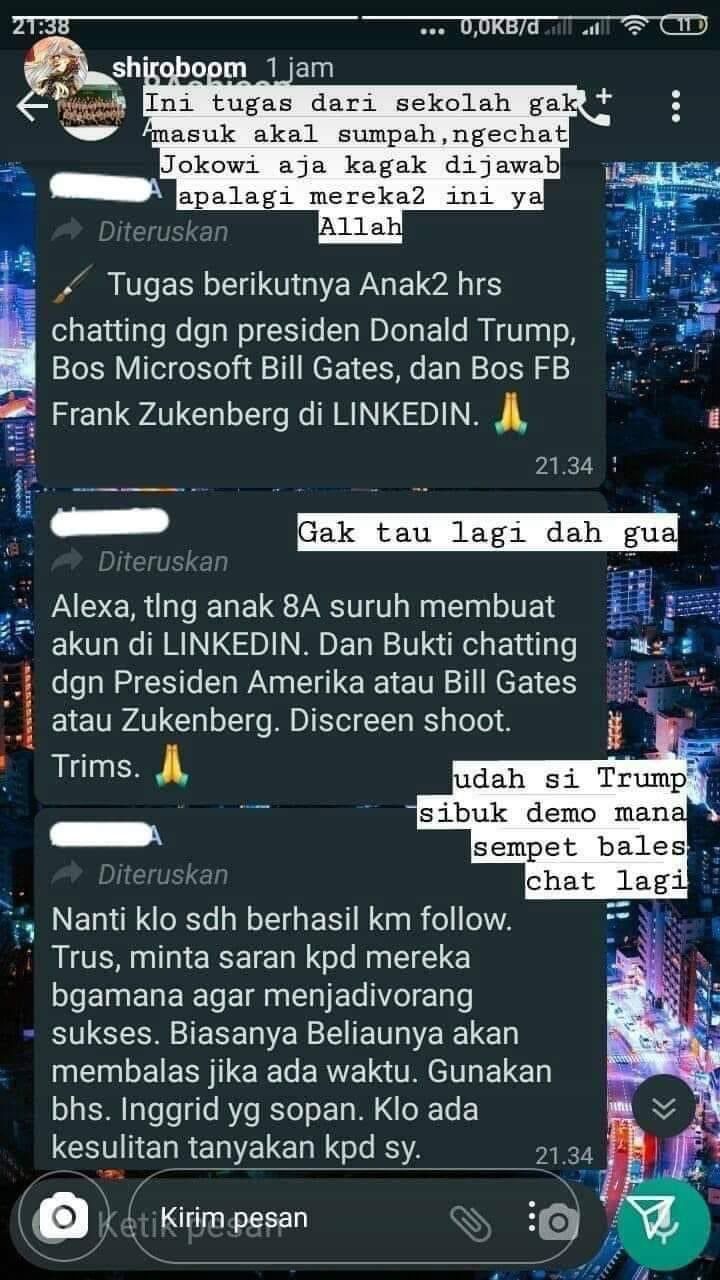 Viral screenshot tugas sekolah diminta chattingan dengan Bill Gates, Donald Trump hingga Mark Zuckerberg.