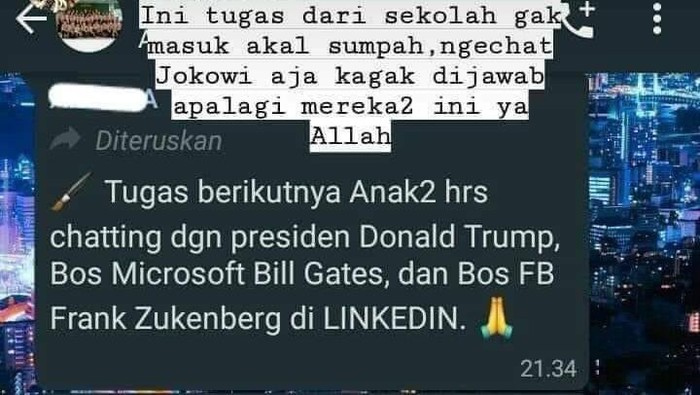 Viral screenshot tugas sekolah diminta chattingan dengan Bill Gates, Donald Trump hingga Mark Zuckerberg.