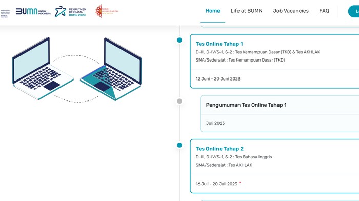 Kementerian BUMN membuka lowongan pekerjaan lewat Rekrutmen Bersama BUMN 2023 untuk lulusan SMA dan Perguruan Tinggi. Simak jadwal tes online BUMN 2023.