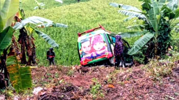 Mobil elf nyungsep ke sawah usai ditinggal sopir beli rokok
