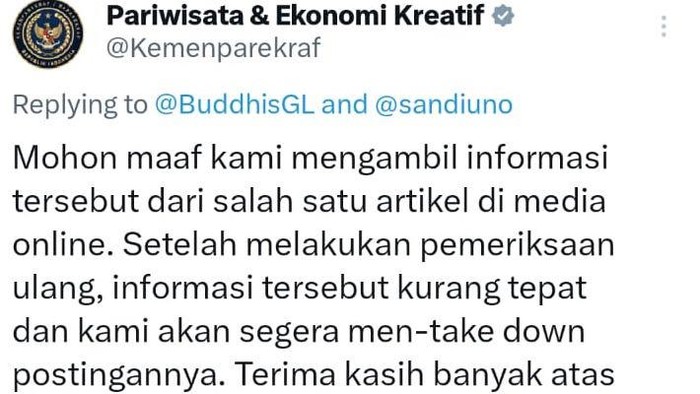 Akun Resmi Kemenparekraf Kena Senggol Umat Buddha