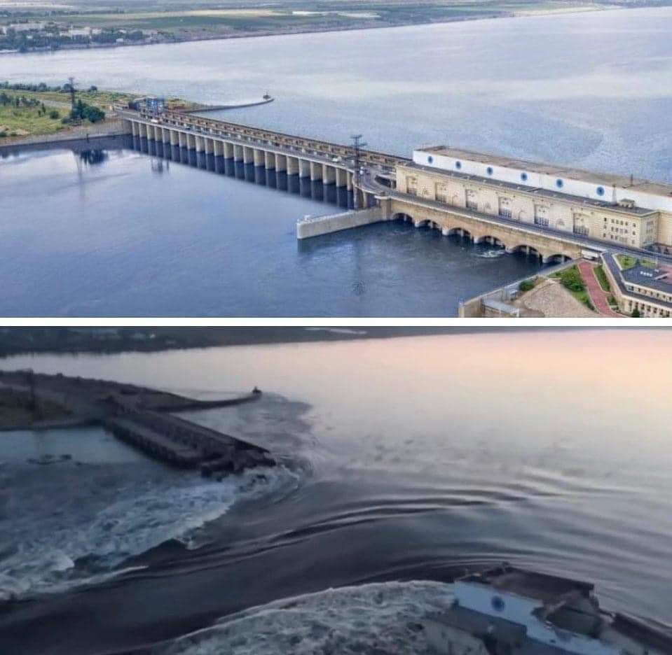 Bendungan Nova Khakovka era Uni Soviet di wilayah Ukraina bagian selatan jebol setelah diguncang ledakan. Jebolnya bendungan itu mengakibat banjir di wilayah sekitarnya. (Dok. Kedubes Ukraina)
