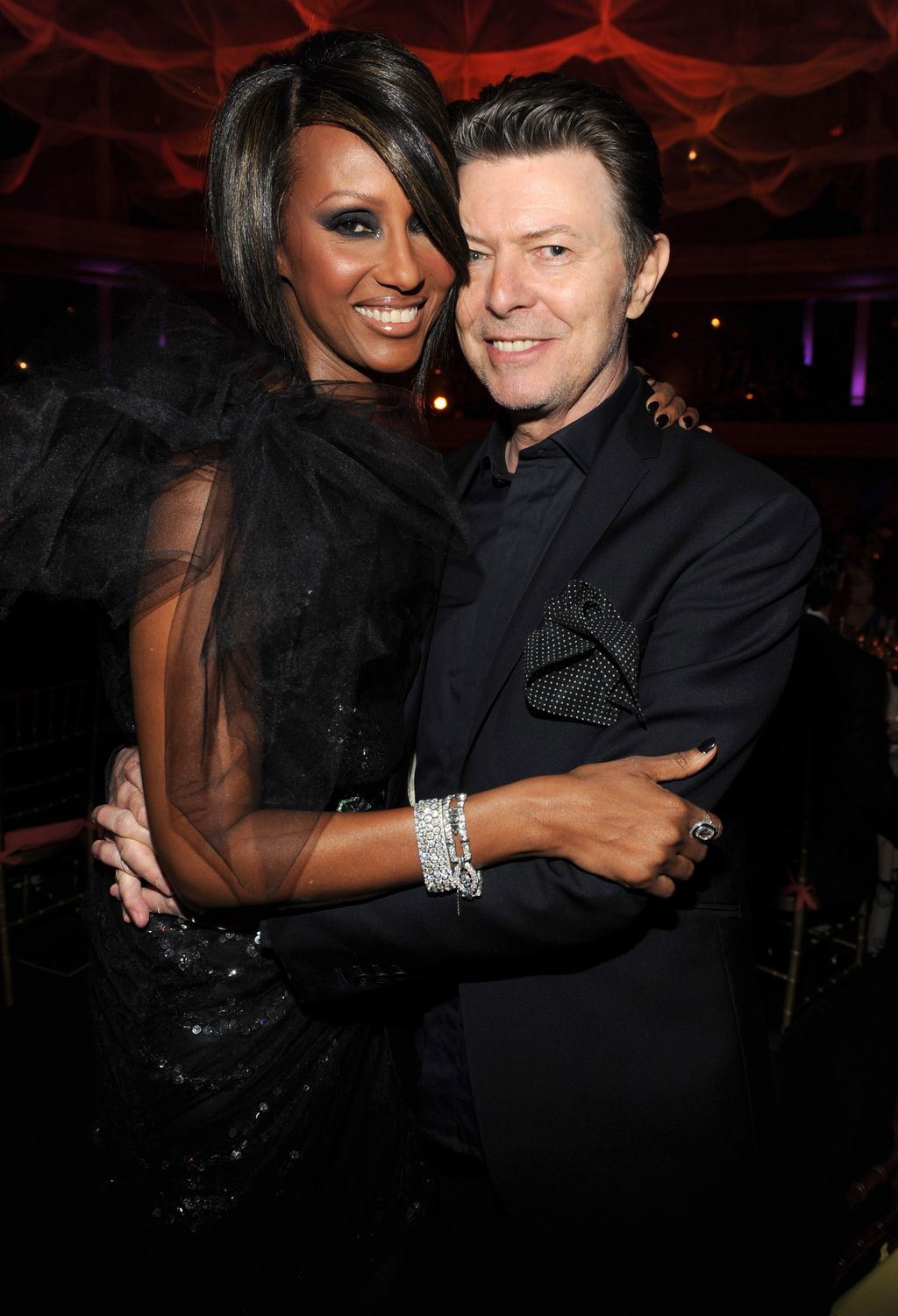 (EXCLUSIVE, Premium Rates Apply) NEW YORK - OCTOBER 15:  *Exclusive* Iman and David Bowie at Hammerstein Ballroom during Keep A Child Alive's 6th Annual Black Ball hosted by Alicia Keys and Padma Lakshmi on October 15, 2009 in New York City.  (Photo by Kevin Mazur/WireImage)
