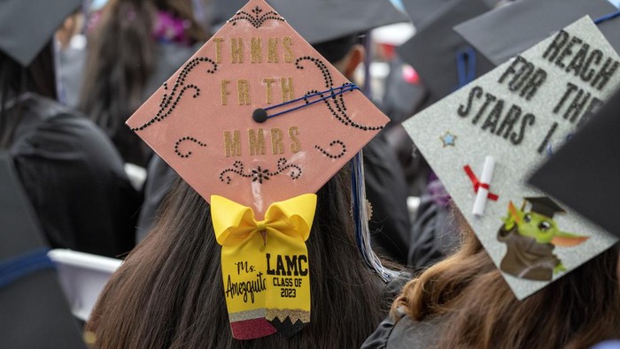 Los Angeles, CA - June 06: Graduates listen to speakers during Los Angeles Mission College's 48th annual commencement ceremony at the the school's Sylmar campus, June 6 2023. (Photo by Hans Gutknecht/MediaNews Group/Los Angeles Daily News via Getty Images)