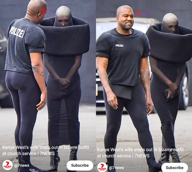 Penampilan lain Bianca Censori yang bikin geleng-geleng adalah saat ia memakai busana ini untuk ke gereja. Foto: Dok. YouTube 7News