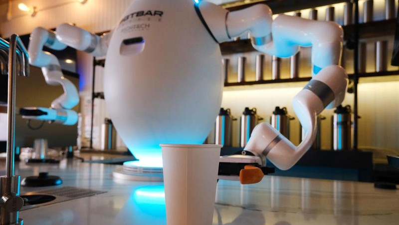 NEW YORK, NEW YORK - MAY 31: A two-armed robot called 