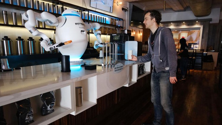NEW YORK, NEW YORK - MAY 31: A two-armed robot called 