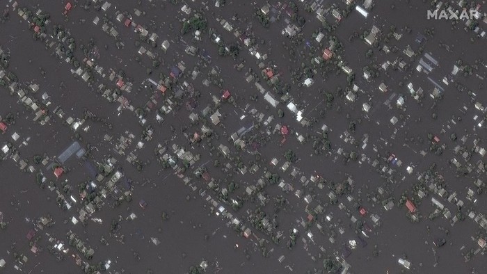 This image provided by Maxar Technologies, shows Oleshky, Ukraine after flooding, on June 7, 2023. (Satellite image ©2023 Maxar Technologies via AP)