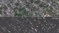 Kombinasi foto yang disediakan oleh Maxar Technologies ini menunjukkan Oleshky, Ukraina sebelum banjir, pada 15 Mei 2023, puncak, dan setelah banjir, pada 7 Juni 2023.   