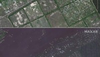Kombinasi foto ini disediakan oleh Maxar Technologies, menunjukkan Krinky, Ukraina sebelum banjir, pada 15 Mei 2023, puncak, dan setelah banjir, pada 7 Juni 2023.  