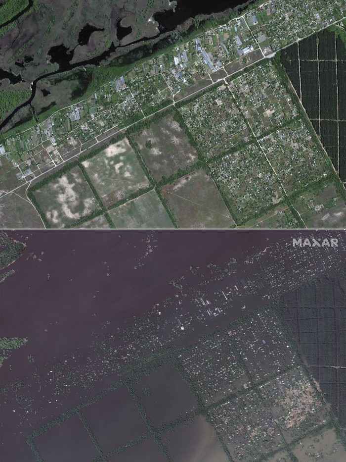 Foto Satelit Wilayah Ukraina Sebelum dan Sesudah Banjir Bendungan Jebol This combination of photos provided by Maxar Technologies, shows Kakhovka dam and station, Ukraine before collapse, on June 5, 2023, top, and after collapse, on June 7, 2023. (Satellite image Β©2023 Maxar Technologies via AP)