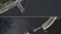 Kombinasi foto yang disediakan oleh Maxar Technologies ini menunjukkan bendungan dan stasiun Kakhovka, Ukraina sebelum runtuh, pada 5 Juni 2023 (atas) dan setelah runtuh, pada 7 Juni 2023.  