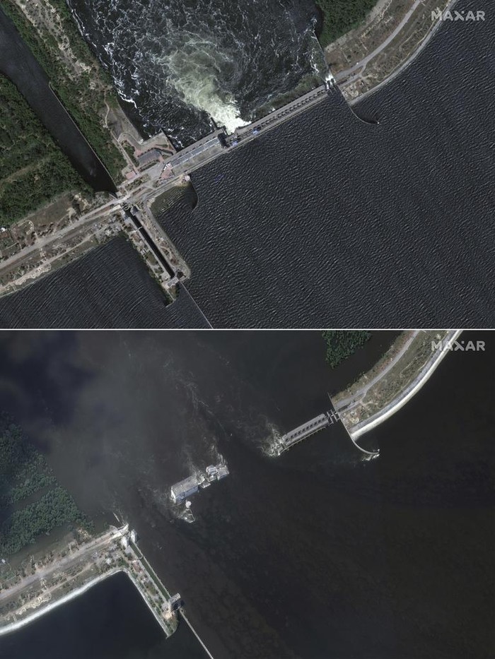 Foto Satelit Wilayah Ukraina Sebelum dan Sesudah Banjir Bendungan Jebol This combination of photos provided by Maxar Technologies, shows Kakhovka dam and station, Ukraine before collapse, on June 5, 2023, top, and after collapse, on June 7, 2023. (Satellite image Β©2023 Maxar Technologies via AP)