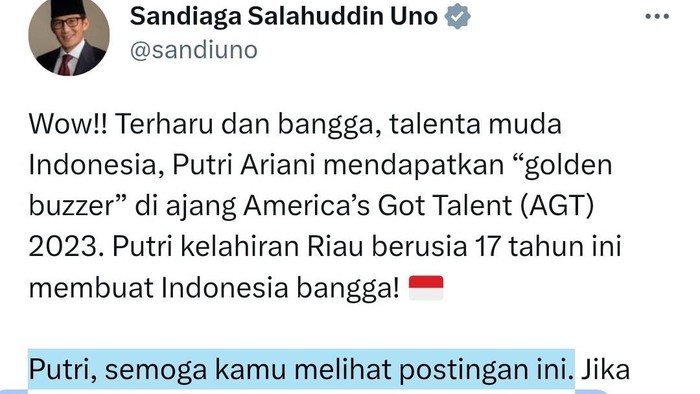 Sandiaga Ucapkan Selamat ke Putri Ariani