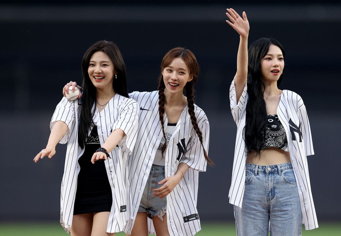 NEW YORK, NEW YORK - JUNE 08:  Winter of the group aespa throws out the ceremonial first pitch before game two of a double header between the New York Yankees and the Chicago White Sox at Yankee Stadium on June 8, 2023 in Bronx borough of New York City. (Photo by Elsa/Getty Images)