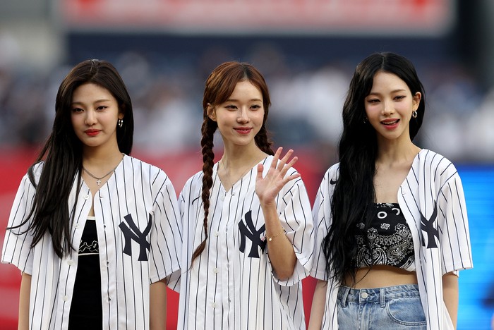 NEW YORK, NEW YORK - JUNE 08:  Winter of the group aespa throws out the ceremonial first pitch before game two of a double header between the New York Yankees and the Chicago White Sox at Yankee Stadium on June 8, 2023 in Bronx borough of New York City. (Photo by Elsa/Getty Images)