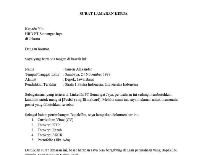Contoh surat lamaran kerja yang baik dan benar.