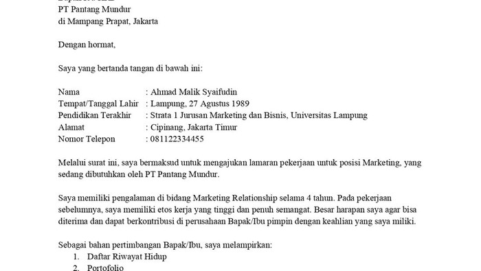 Contoh surat lamaran kerja yang baik dan benar.