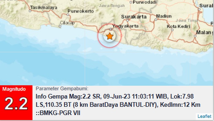 Gempa M 2,2 di Bantul, Jumat (9/6/2023).